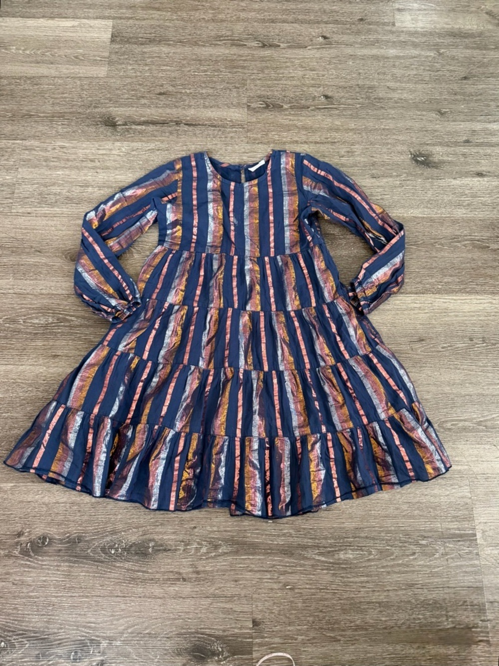 Girls' Navy Striped Metallic Tiered Long-Sleeve Dress